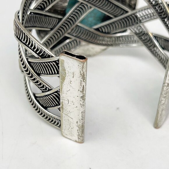 Silver Tone Faux Turquoise Chunky Open Cuff Statement Bracelet Boho Western - Picture 5 of 8